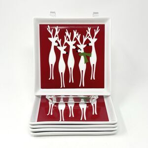 Crate & Barrel Reindeer Square Snack Appetizer Plates 6” Set Of 5 Christmas